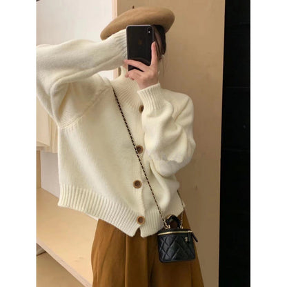Damen Strickjacke Lässig Kontrastknöpfe Beige