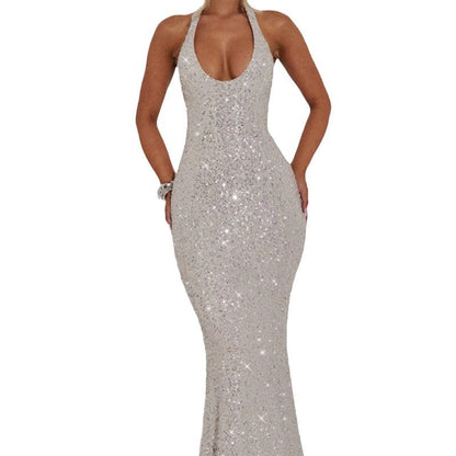 Damen Maxi-Kleid Pailletten V-Ausschnitt schmal Norvielle