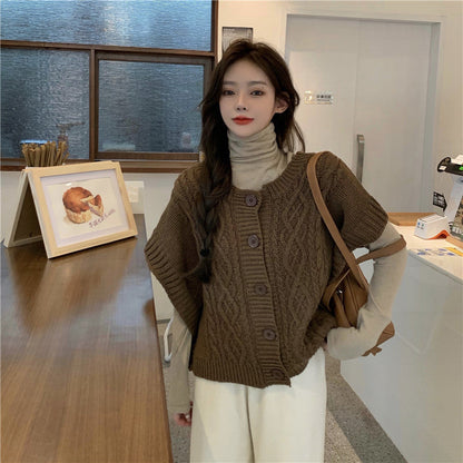 Damen Strickpullover Knopfleiste Zopfmuster