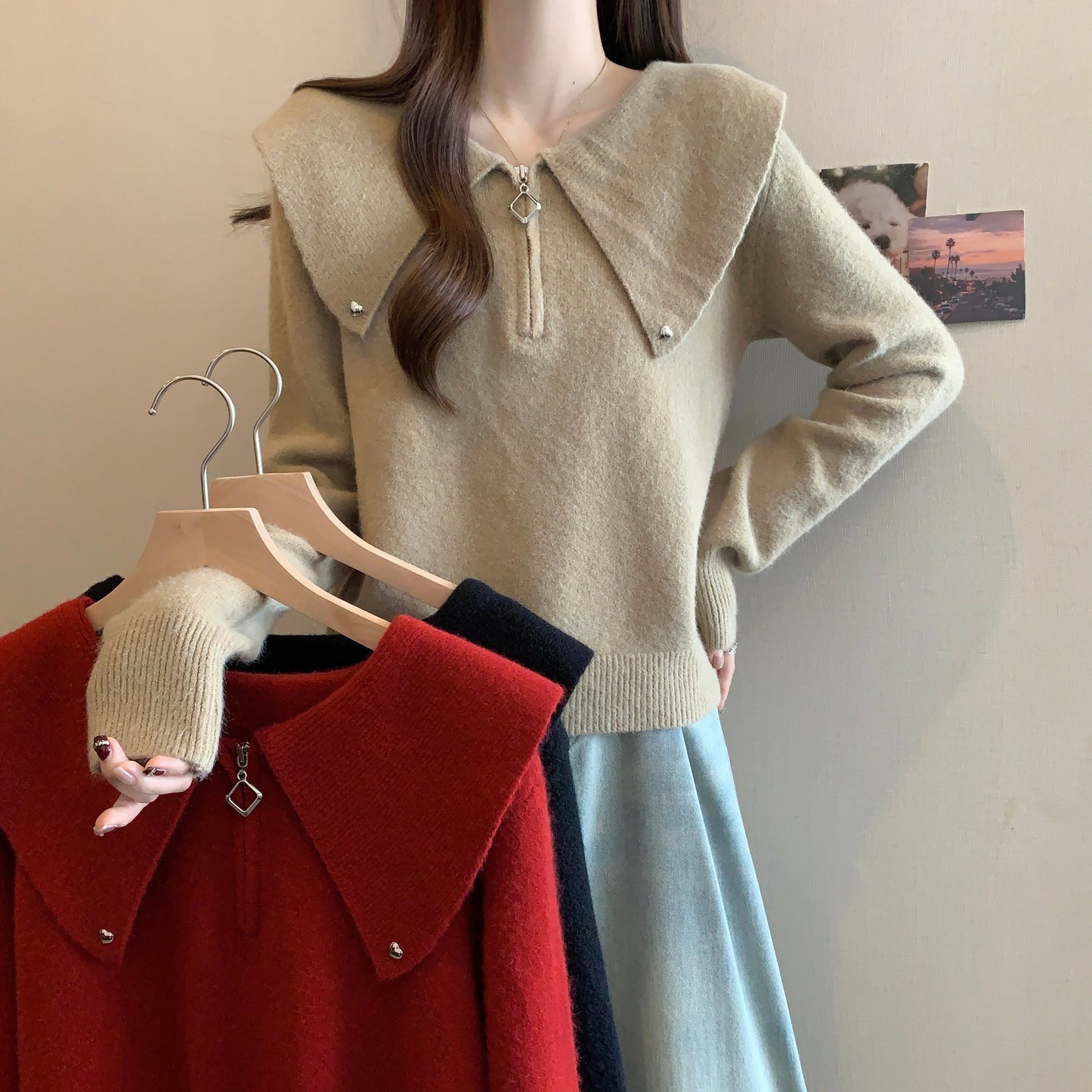 Damen Strickpullover Dekorativer Kragen Reißverschluss Norvielle - Norvielle