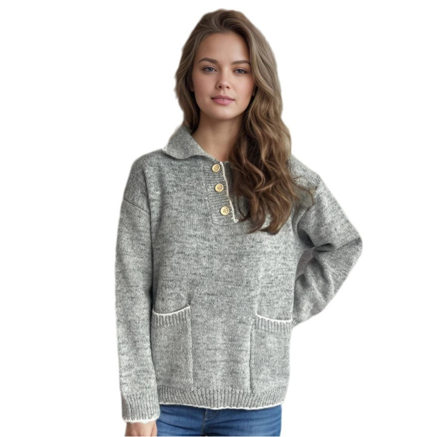 Damen Strickpullover Lässig Knopfleiste Taschen Beige