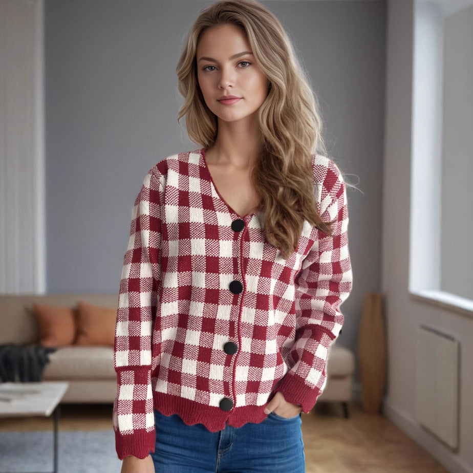 Damen Strickjacke Kontrastmuster Knöpfe Norvielle