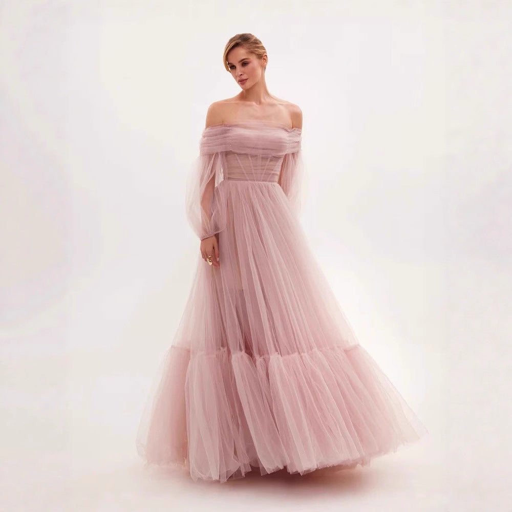 Damen Cocktailkleid Schulterfrei Tüll Voluminöse Ärmel Norvielle