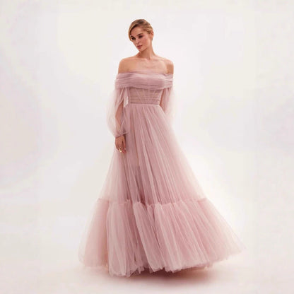 Damen Cocktailkleid Schulterfrei Tüll Voluminöse Ärmel Norvielle