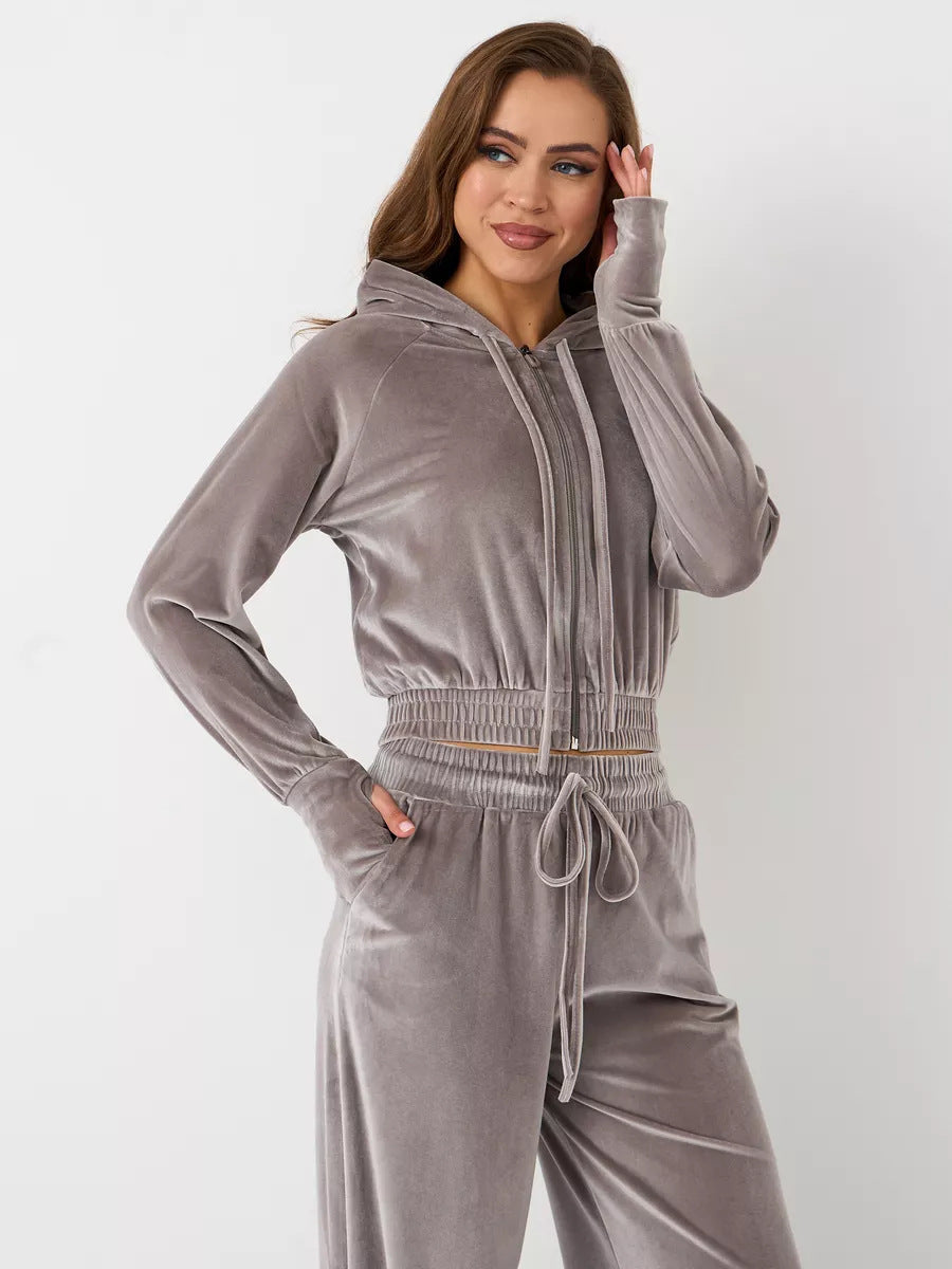 Damen Velours Jogginganzug Cropped Kapuze Weite Passform