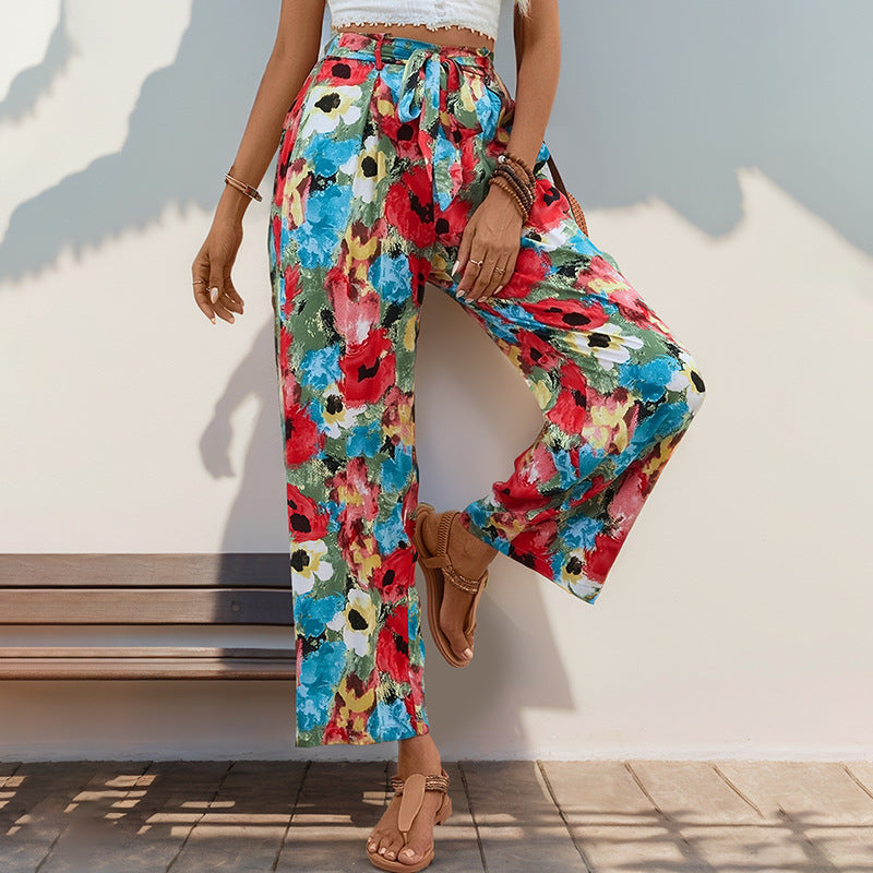 Damen Hose Weites Bein Floralmuster Elastisch Schwarz - Norvielle