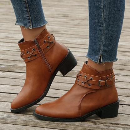 Damen Stiefeletten Spitzem Zeh Blockabsatz Schnür-Schnallen Schwarz - Norvielle