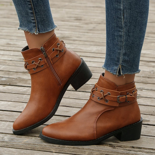 Damen Stiefeletten Spitzem Zeh Blockabsatz Schnür-Schnallen Schwarz - Norvielle