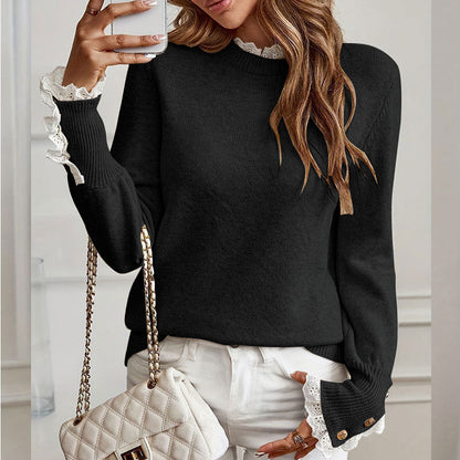 Damen Strickpullover Elegante Rüschendetails Knopfverzierung