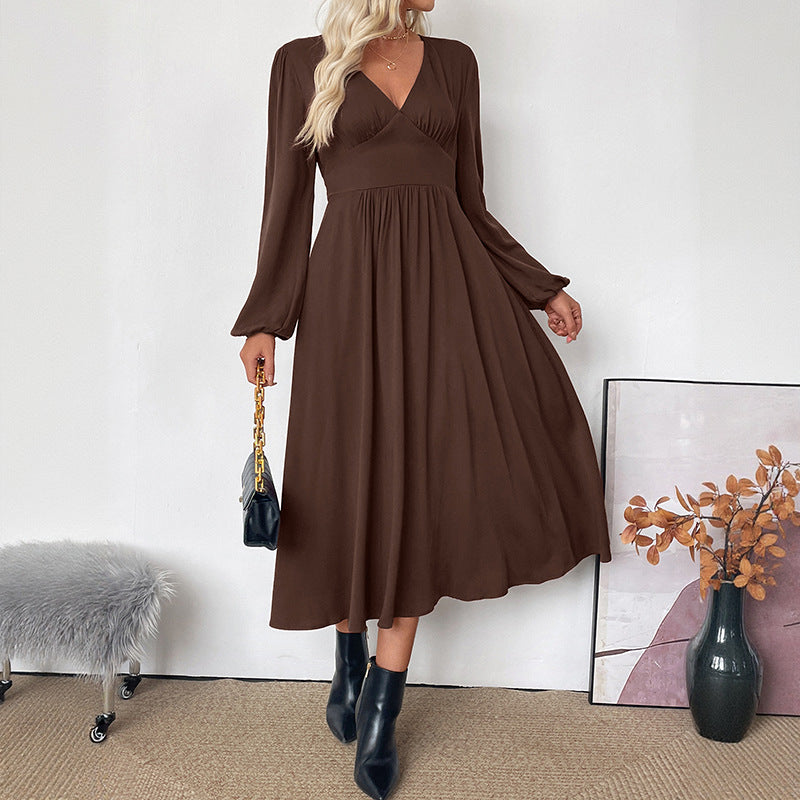Damen Maxi-Kleid V-Ausschnitt Ballonärmel - Norvielle