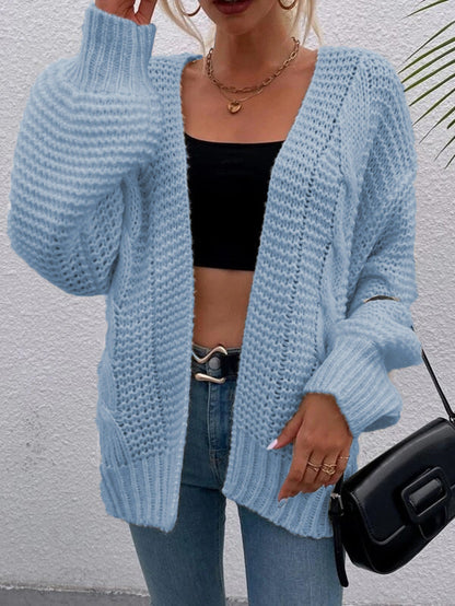 Damen Grobstrick-Cardigan Offene Taschen Lässiger Schnitt Beige
