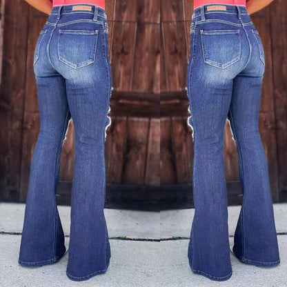 Damen Destroyed Jeans Flared Style Hohe Taschen Ausgefranster Saum