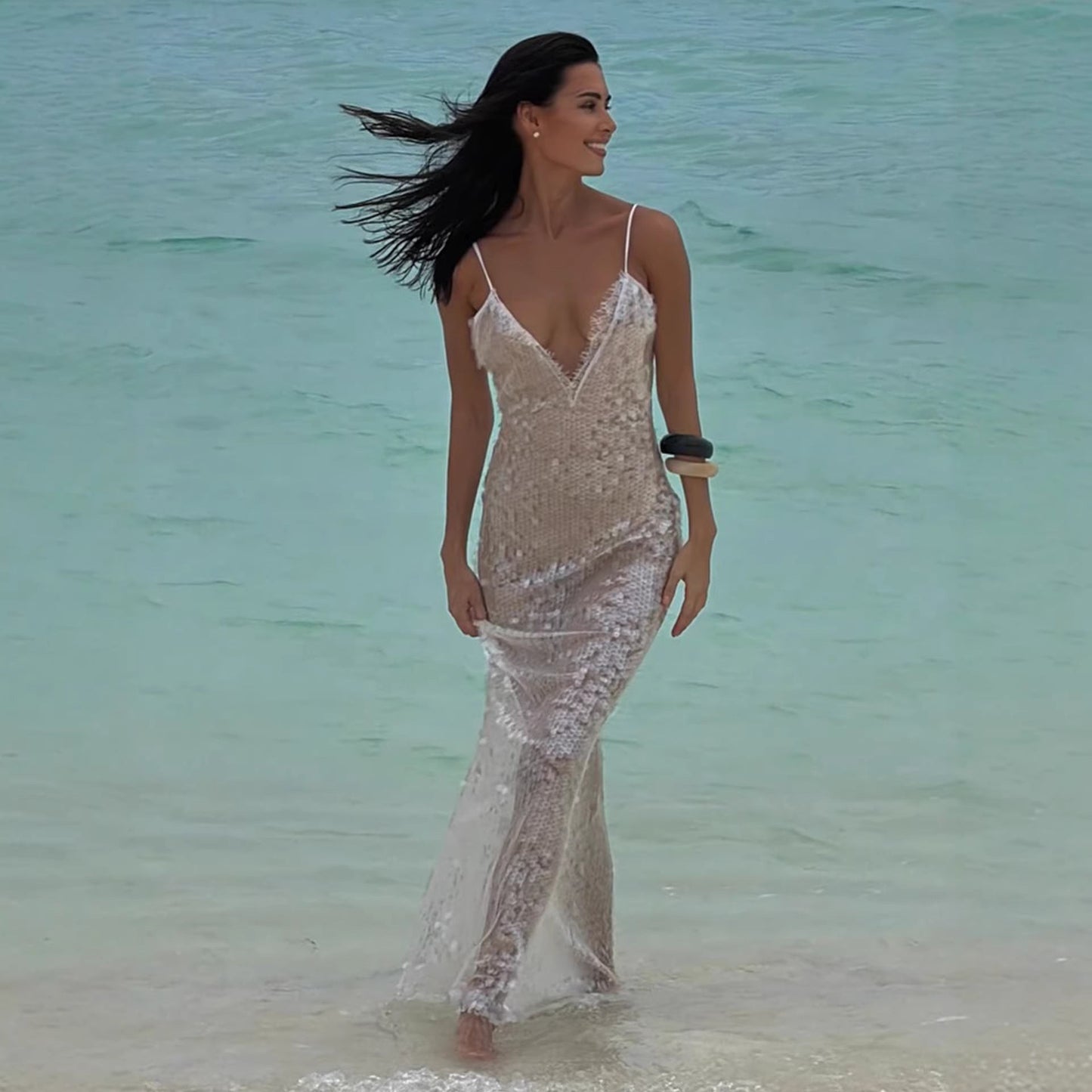 Damen Strandkleid Glitzernd V-Ausschnitt Spaghettiträger Norvielle