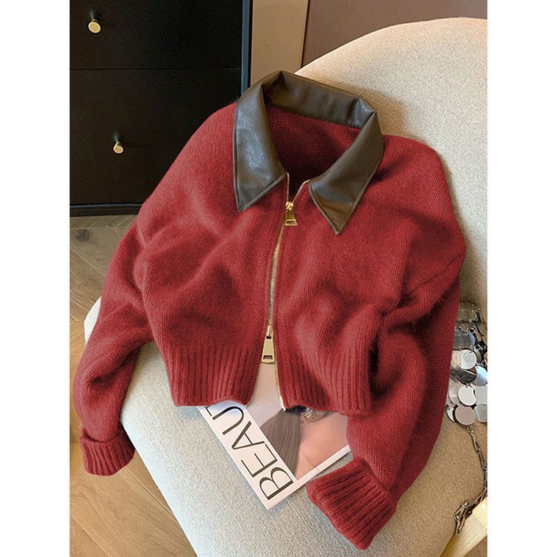 Damen Strickjacke Lederkragen Norvielle
