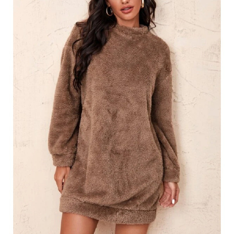 Damen Fleece-Kleid Voluminöse Ärmel Hochkragen Beige