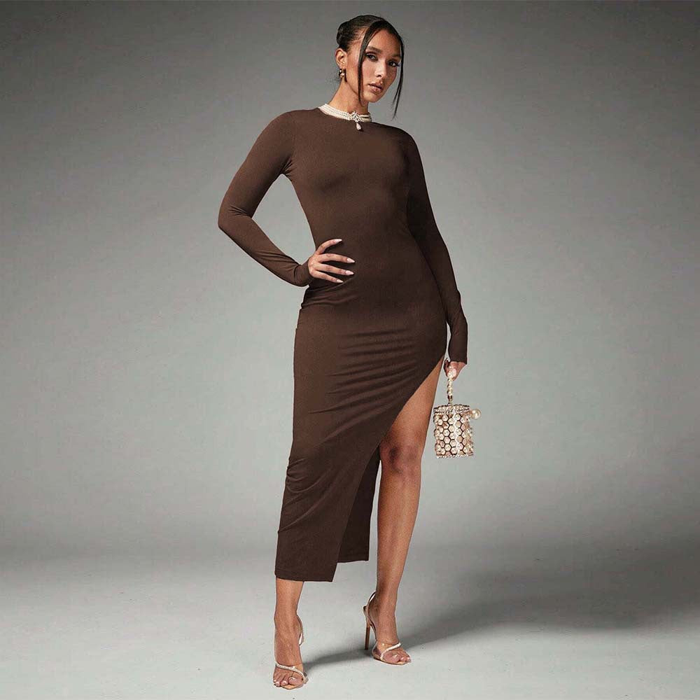Damen Maxikleid Langarm Seitenschlitz Norvielle - Norvielle