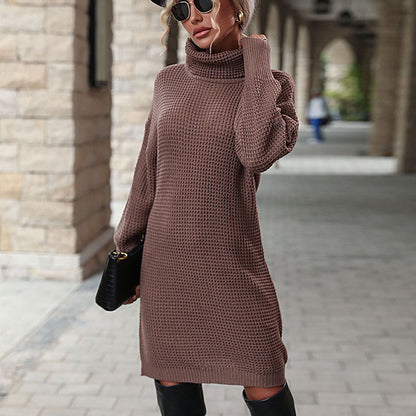 Damen Strickkleid Hohem Kragen Waffelmuster Norvielle