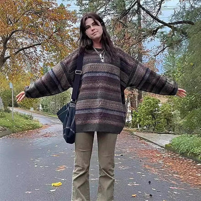Damen Oversized-Pullover Bunt Streifenmuster Weite Ärmel Norvielle