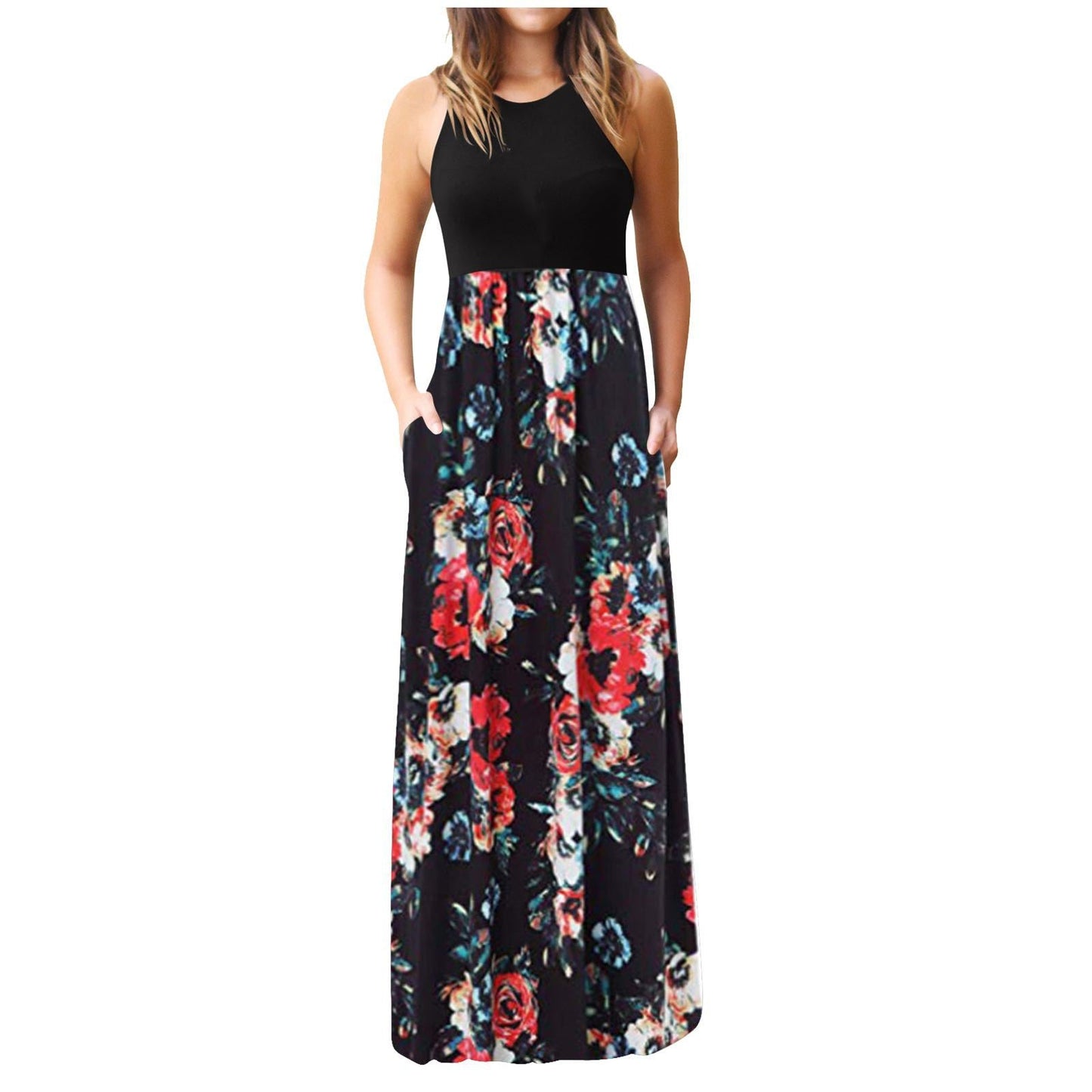 Damen Maxikleid Floralmuster Baumwolle Beige