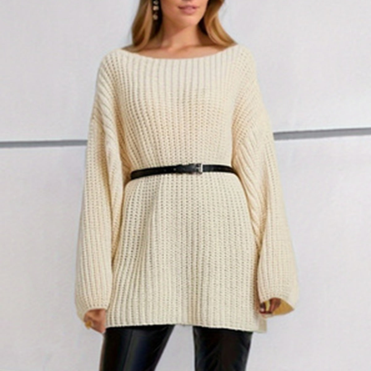 Damen Strickpullover Weit Schnitt Überschnittene Schultern Beige - Norvielle