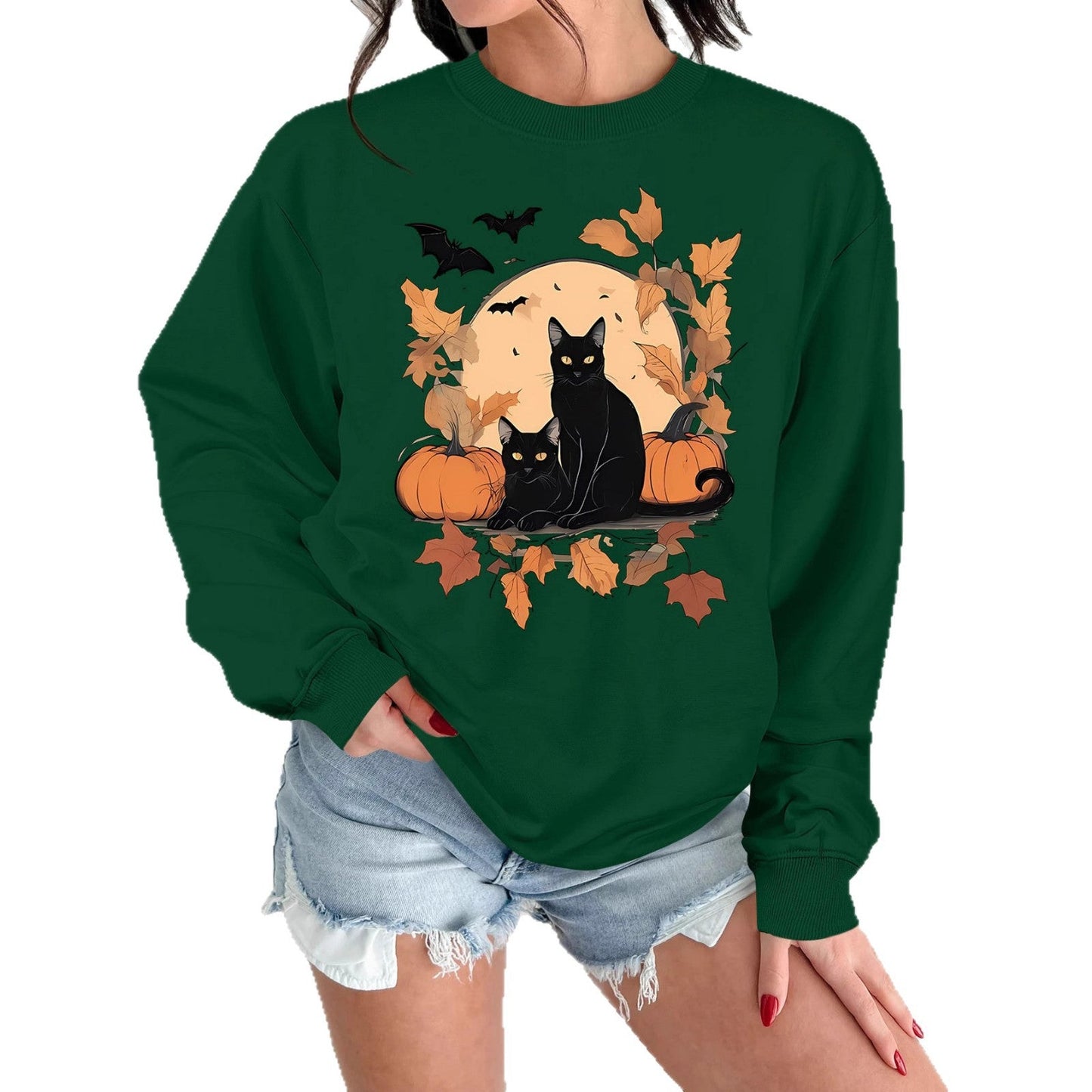 Damen Sweatshirt Herbstlich Katzen Kürbis Design Norvielle