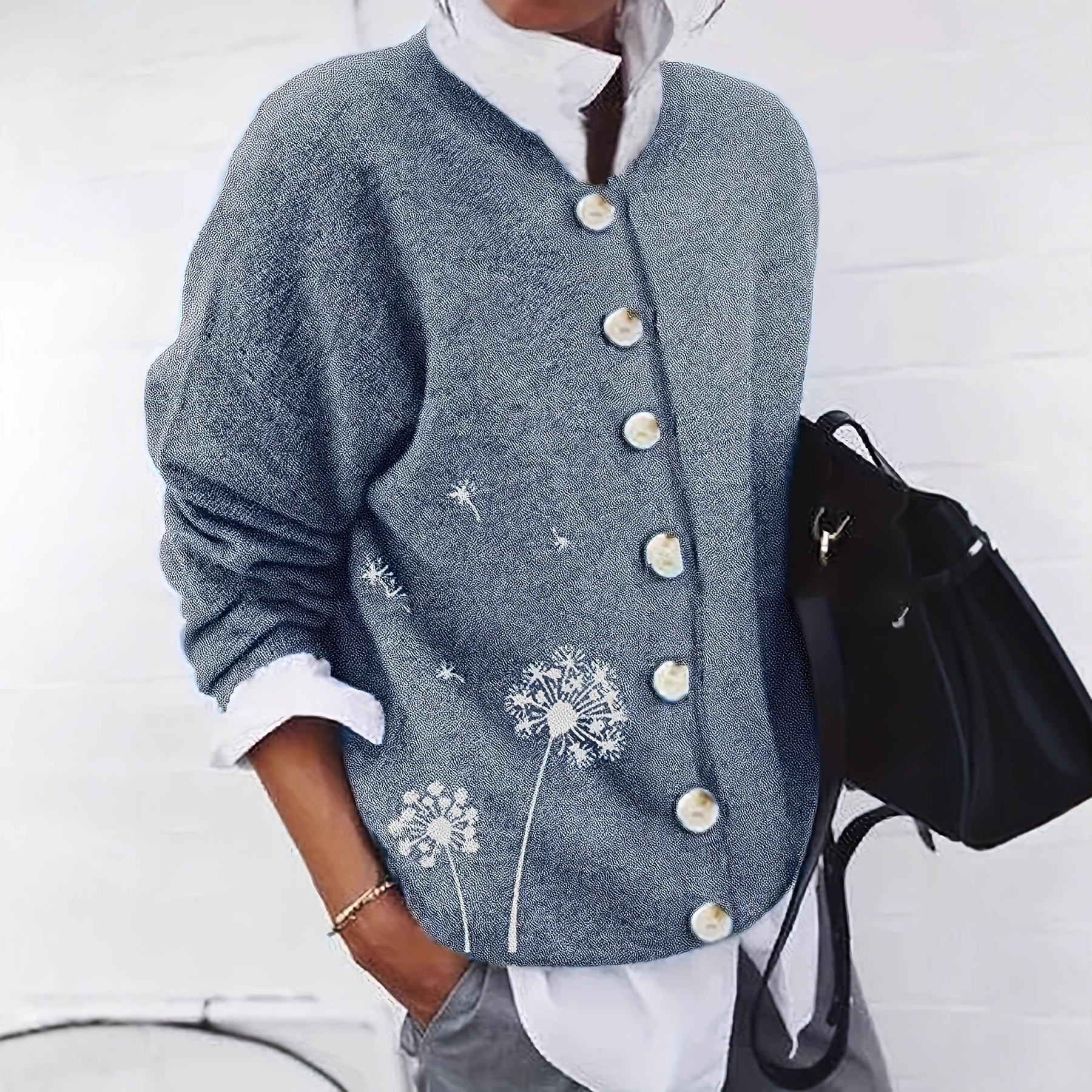 Damen Strickjacke Löwenzahn Muster Knopfleiste Blau - Norvielle