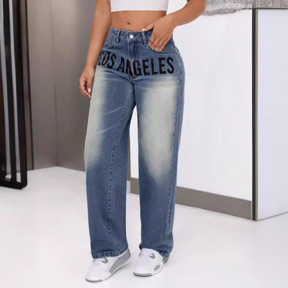 Damen Weite Jeans Mit Stylischem Schriftzug Norvielle