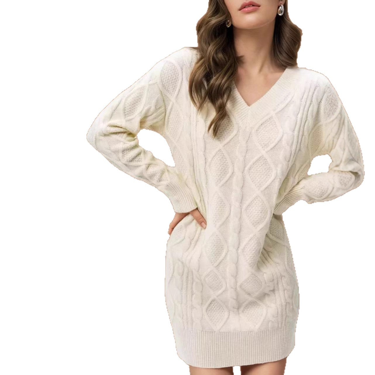 Damen Strickkleid V-Ausschnitt Strukturiert