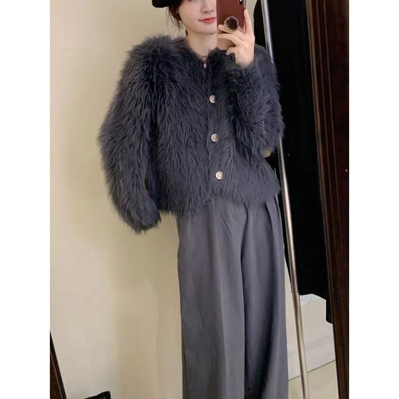 Damen Kurzjacke Flauschig Knopfdesign