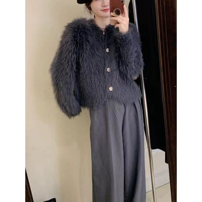 Damen Kurzjacke Flauschig Knopfdesign