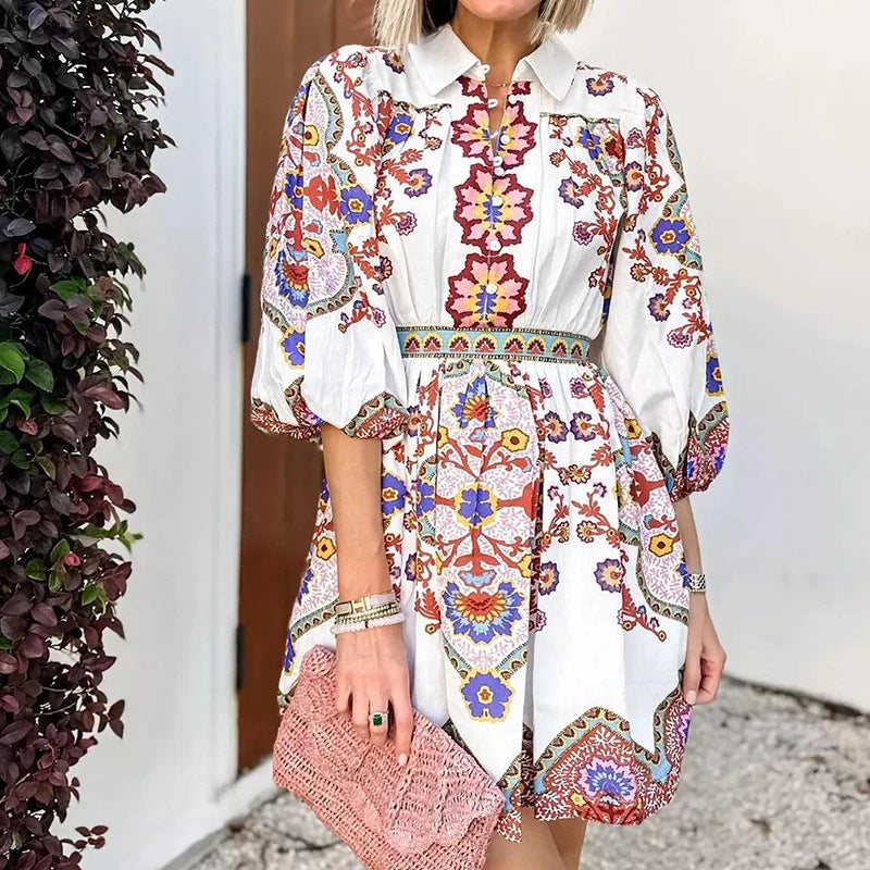 Damen Blusenkleid mit Floralmuster und Raffärmeln