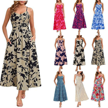 Damen Maxikleid Schmale Träger Praktische Seitentaschen Norvielle
