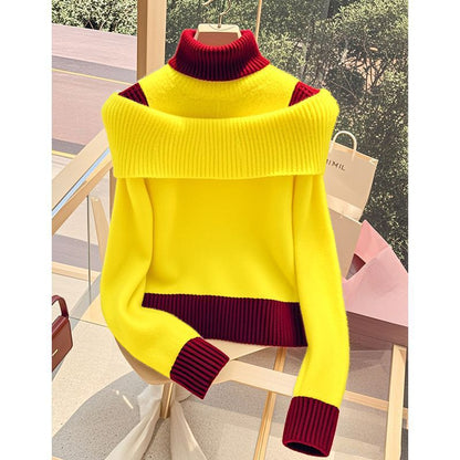 Damen Pullover Weite Stehkragen Dekorativer Farbkontrast Norvielle