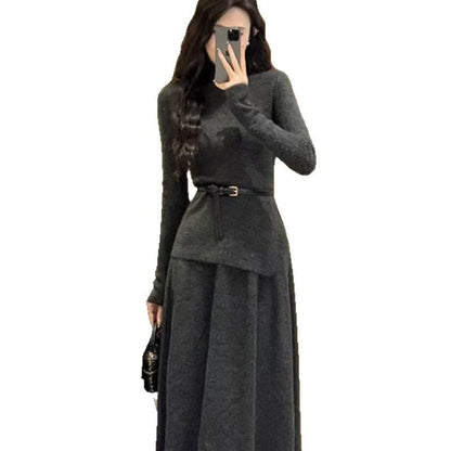 Damen Strickkleid Asymmetrischer Saum Mit Gürtel Norvielle