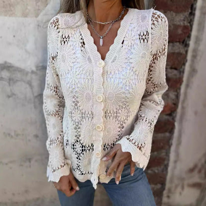 Damen Häkelcardigan Florales Design Knopfverschluss Norvielle