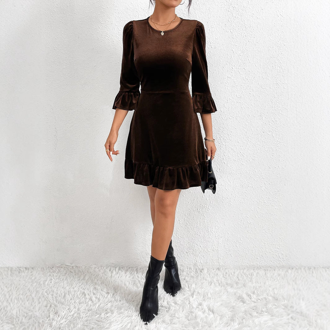 Damen Samt Minikleid Rüschendetails Voluminöse Ärmel