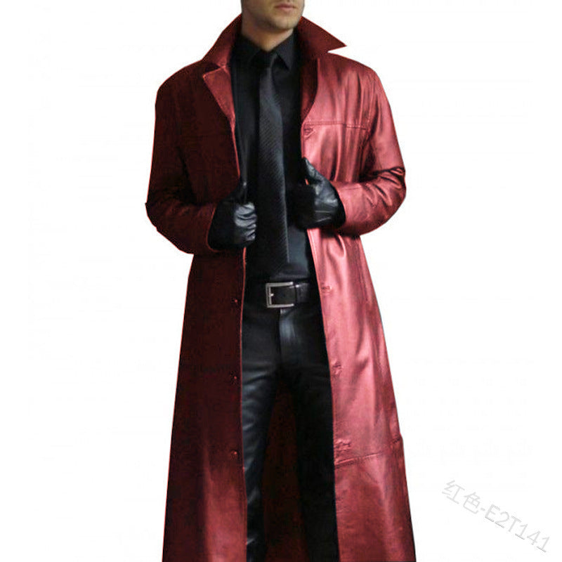 Herren Trenchcoat Langer Mantel Vegan Leder
