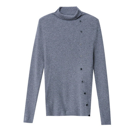 Damen Strickpullover Hoher Kragen Dekorative Knöpfe Beige