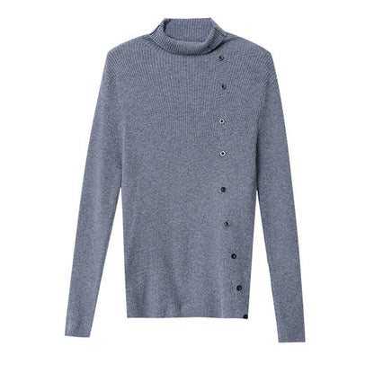 Damen Strickpullover Hoher Kragen Dekorative Knöpfe Beige