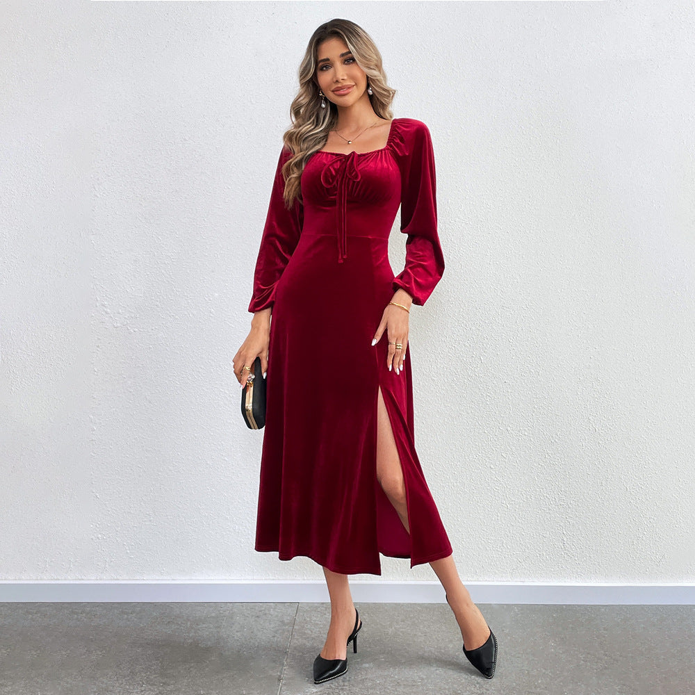 Damen Maxikleid Elegante Drapierung Hochschlitz Norvielle