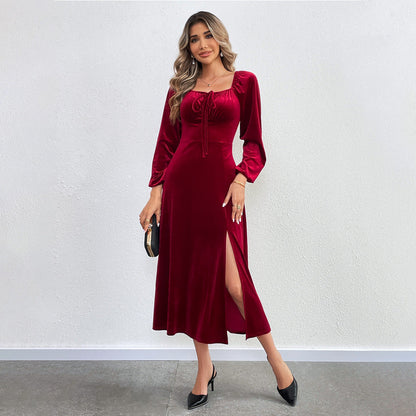 Damen Maxikleid Elegante Drapierung Hochschlitz Norvielle
