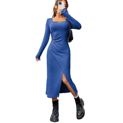 Damen Midikleid Figurbetont V-Ausschnitt Seitenschlitz