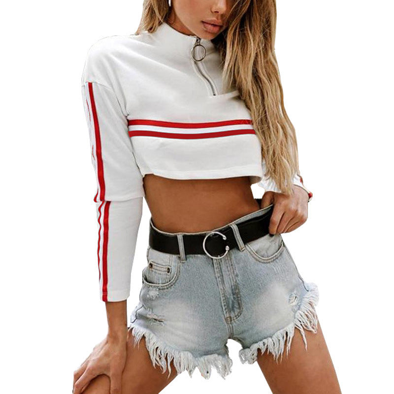 Damen Cropped Sporttop Stehkragen Streifen Oberteil