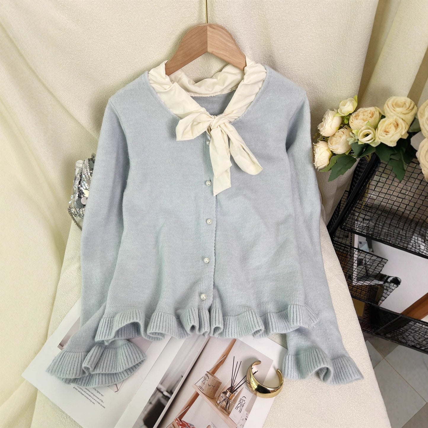 Damen Strickjacke Elegantes Design Rüschen Schleifenkragen Norvielle