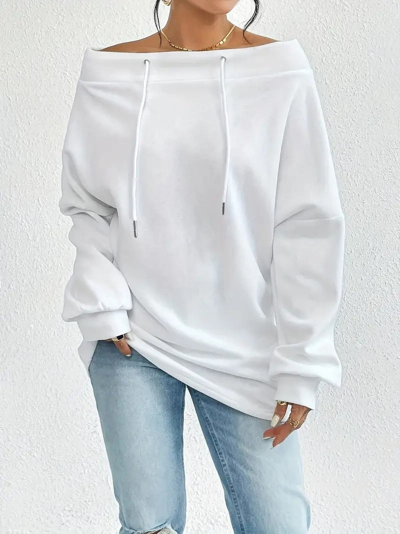 Damen Oversized Pullover Offener Kragen Kordelzug Beige