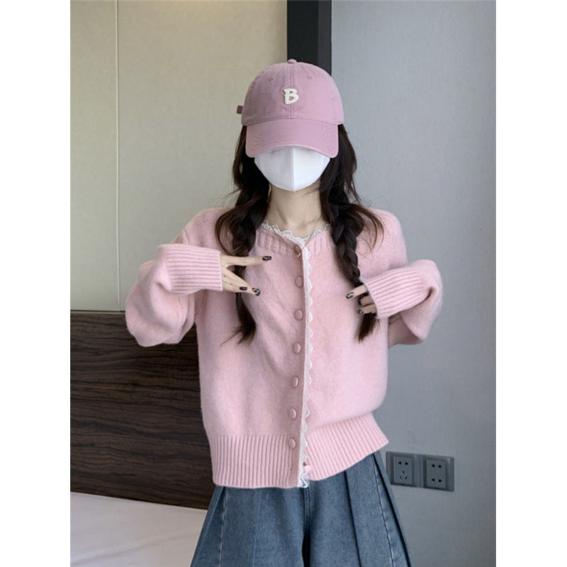 Damen Strickjacke Feine Knöpfe Spitzenkante Beige