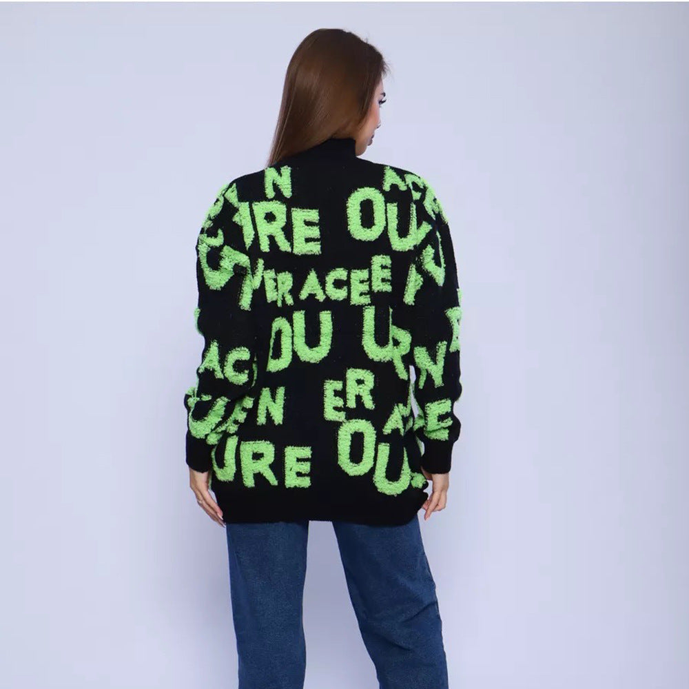 Damen Grobstrickpullover Norvielle mit Schriftzug und Hochkragen