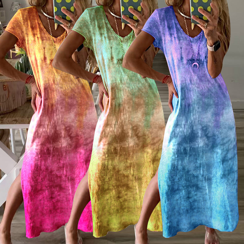 Damen Maxikleid Langarm V-Ausschnitt Tie-Dye Muster - Norvielle