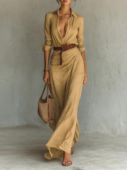 Damen Maxikleid Klassischer Hemdkragen Seiten-Schärpe Norvielle