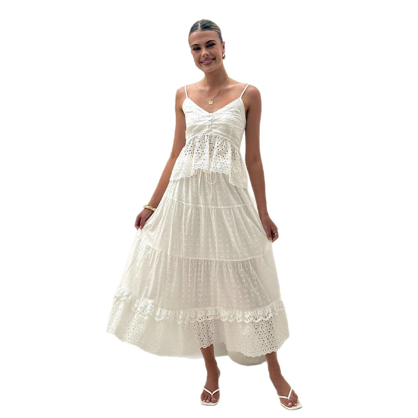 Damen Maxikleid aus Spitze mit Rüschenbesatz und luftigem Design